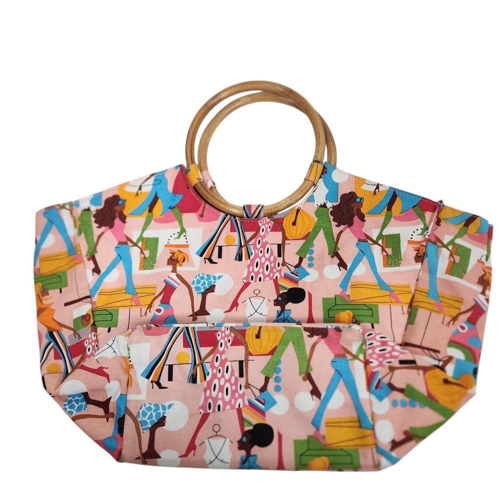 NEIMAN MARCUS Tote Bag Womens Large Pink Canvas Bamboo Handle Cartoon People